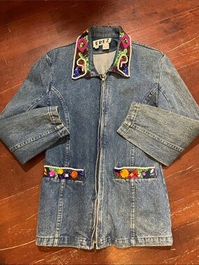 Erez Blue Denim Jacket with Colorful Beaded Trim